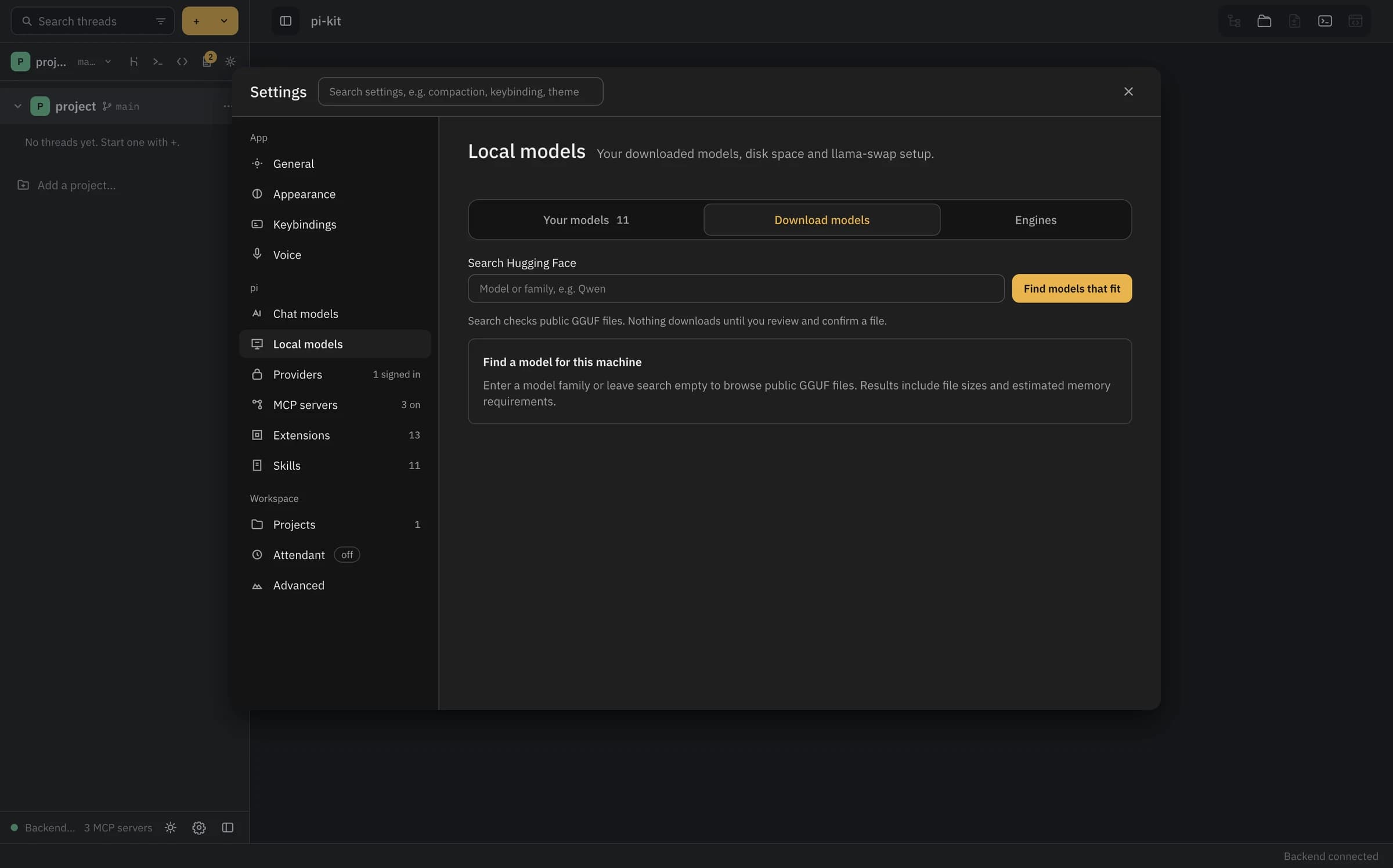 Current Local models settings with the Download models tab and in-app Hugging Face search